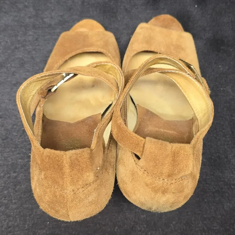 Michael Kors Brown Leather Peep Toe Ankle Strap Gold Cone High Heel Shoe